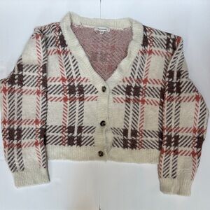 Francesca's Collections Cream Plaid Button-Front V-Neck Sweater Cardigan